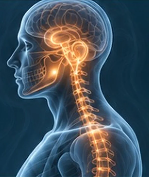 Ilustração anatômica de perfil destacando em dourado a mandíbula, o ouvido interno, o sistema nervoso e a coluna cervical